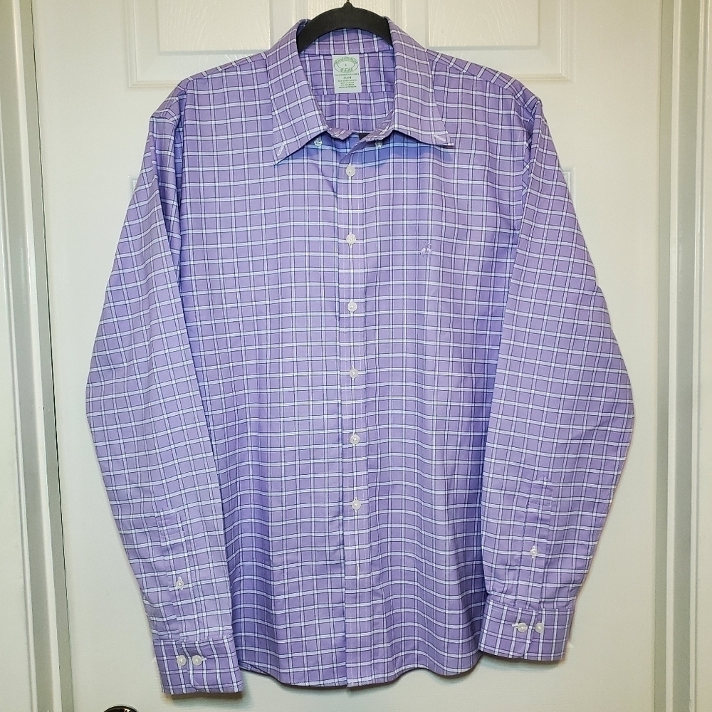 Brooks Brothers Size L Slim Purple White Plaid Button Up Shirt Original Polo